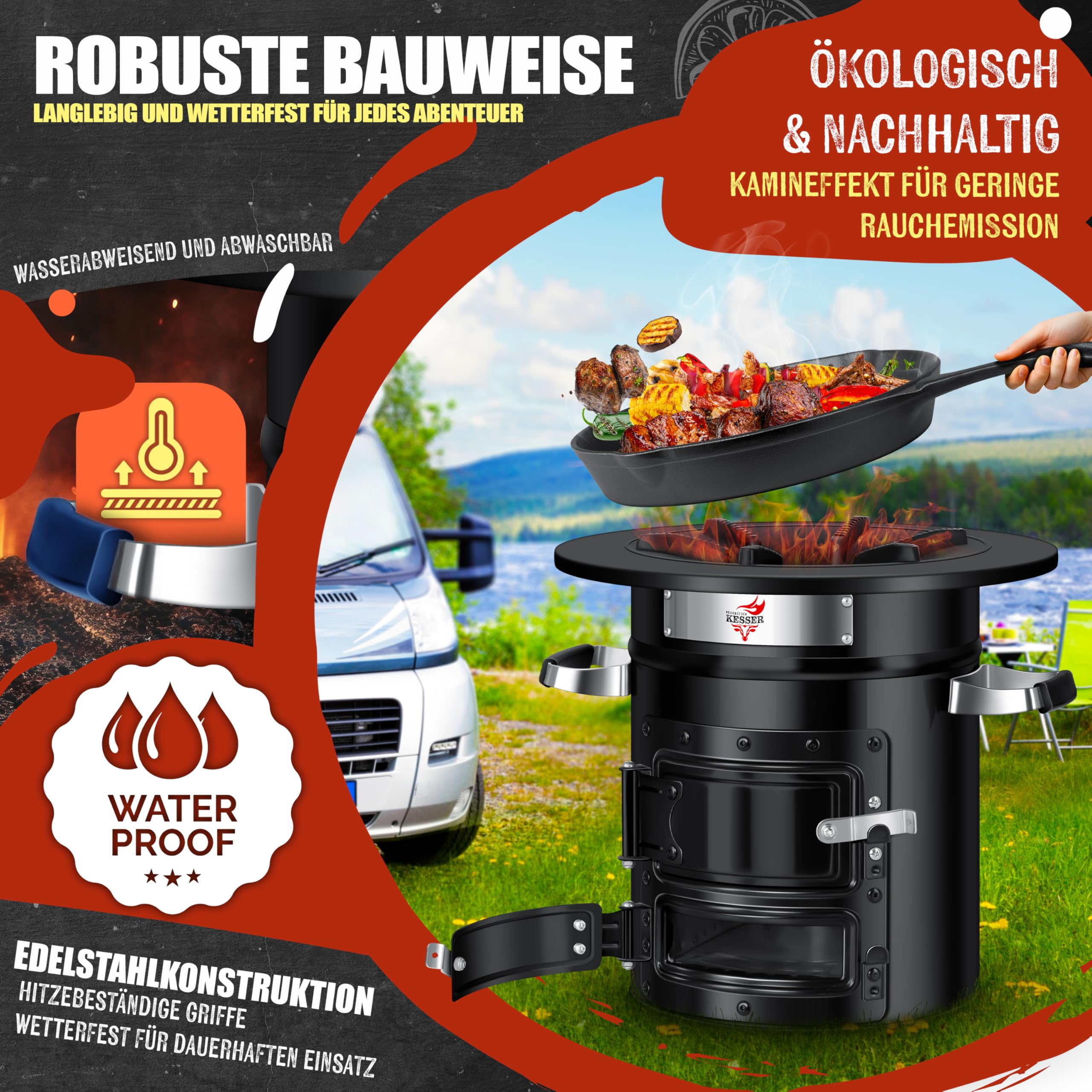 KESSER® Raketenofen mit Grillpfanne aus Gusseisen | inkl. Grillzange & Tragetasche | Dutch Oven 6 integrierte Spikes | BBQ Rakete Holzofen | Camping Outdoor-Campingkocher | Campinggrill Edelstahl
