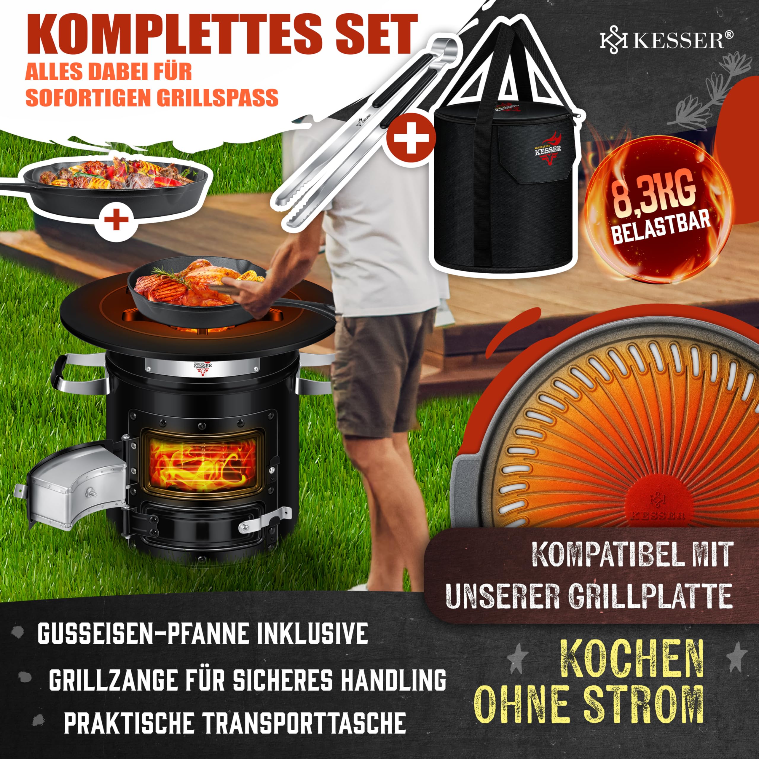 KESSER® Raketenofen mit Grillpfanne aus Gusseisen | inkl. Grillzange & Tragetasche | Dutch Oven 6 integrierte Spikes | BBQ Rakete Holzofen | Camping Outdoor-Campingkocher | Campinggrill Edelstahl