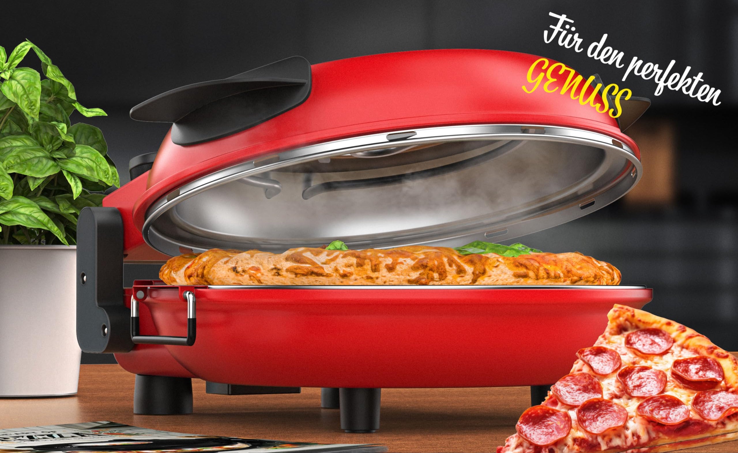KESSER® Pizza-Ofen elektrisch bis 400 Grad | Elektrischer Pizzabäcker 1200W mit feuerfester Steinplatte & Timer Durchmesser 32cm | 5 Heizstufen & Sichtfenster | inkl. Pizzaschneider & Rezeptbuch