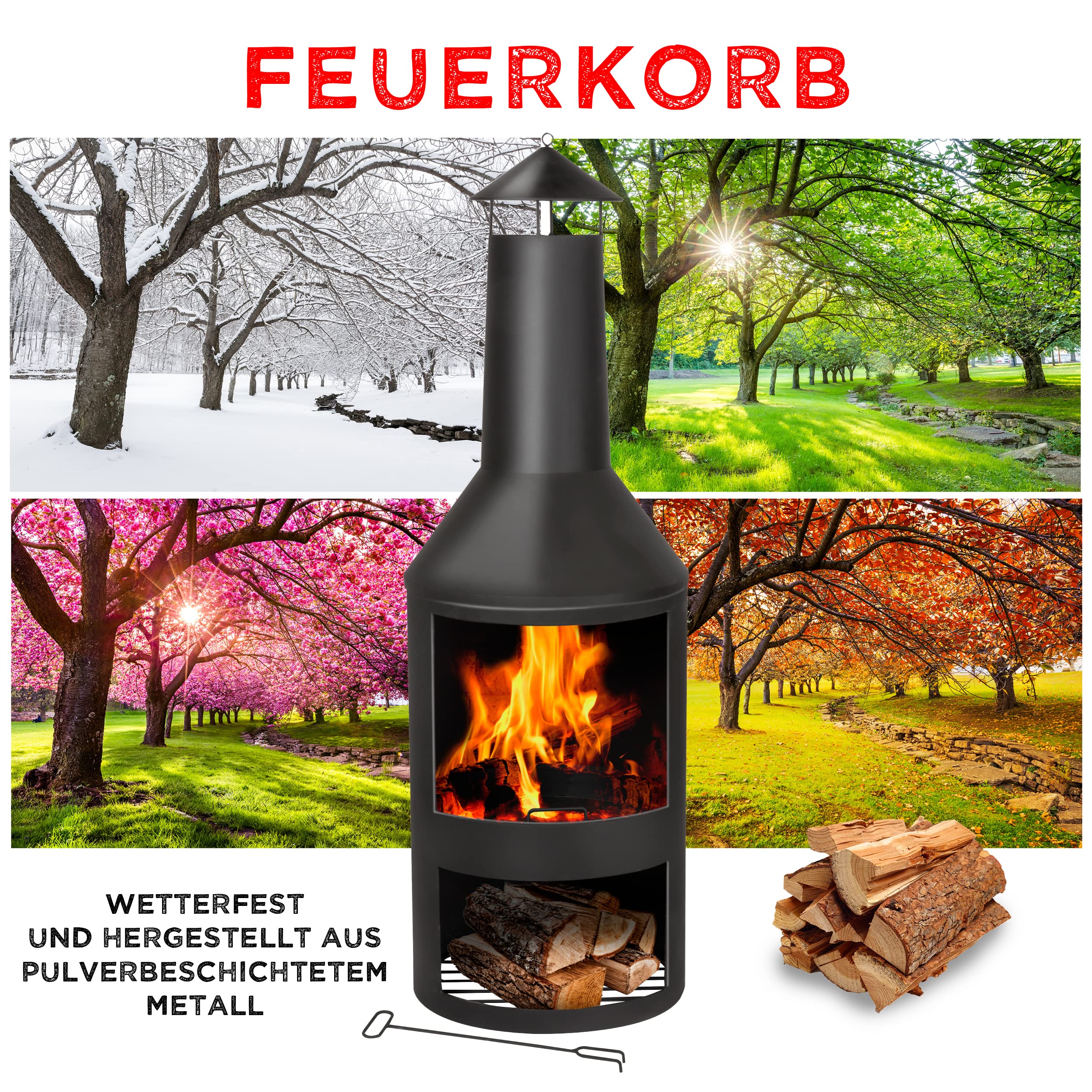 BBQ Collection Terrassenofen mit Schornstein - Feuerstelle 44,5 x 44,5 x 134 cm - Gartenkamin für Brennholz - Gartenofen mit Funkenschutz und Holzablage - Terassenofen Außen - Karbonstahl